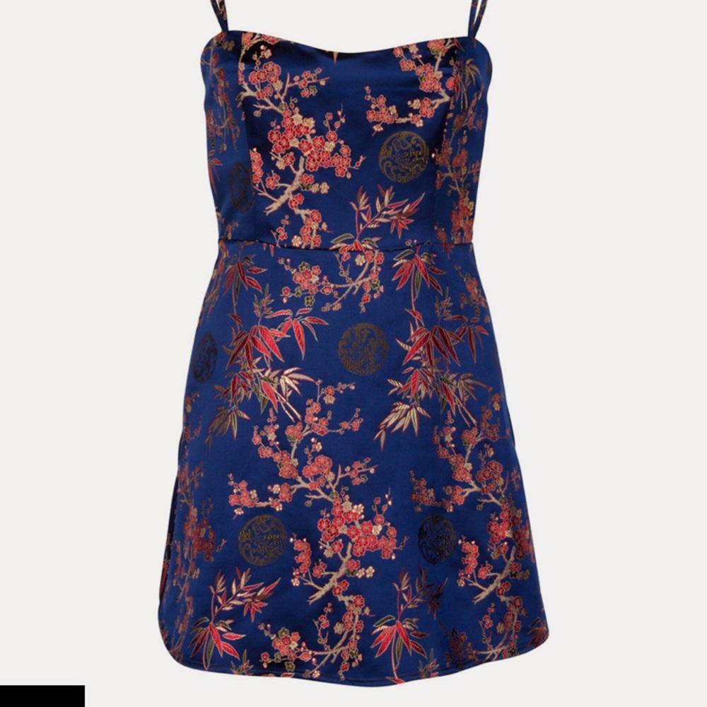 Blue Floral Satin Mini Dress with Spaghetti Straps